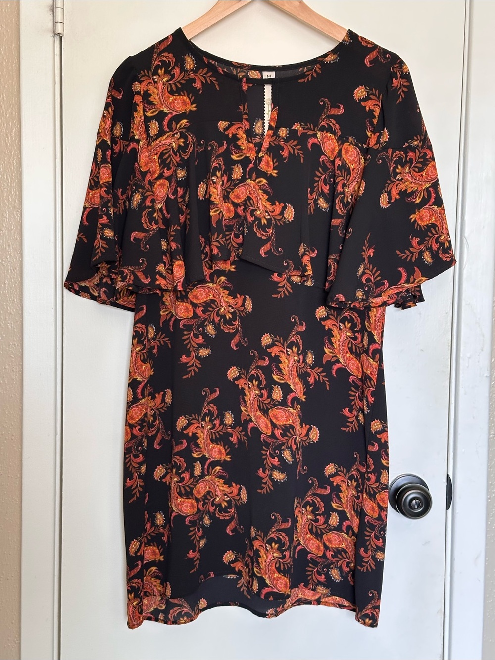 Uncle Frank Black Mini Dress with Orange & Pink Paisley Print Size M